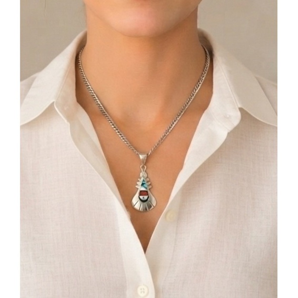 Navajo Sterling Silver Inlay Feather Pendant Necklace Heavy Franco 24" Chain**